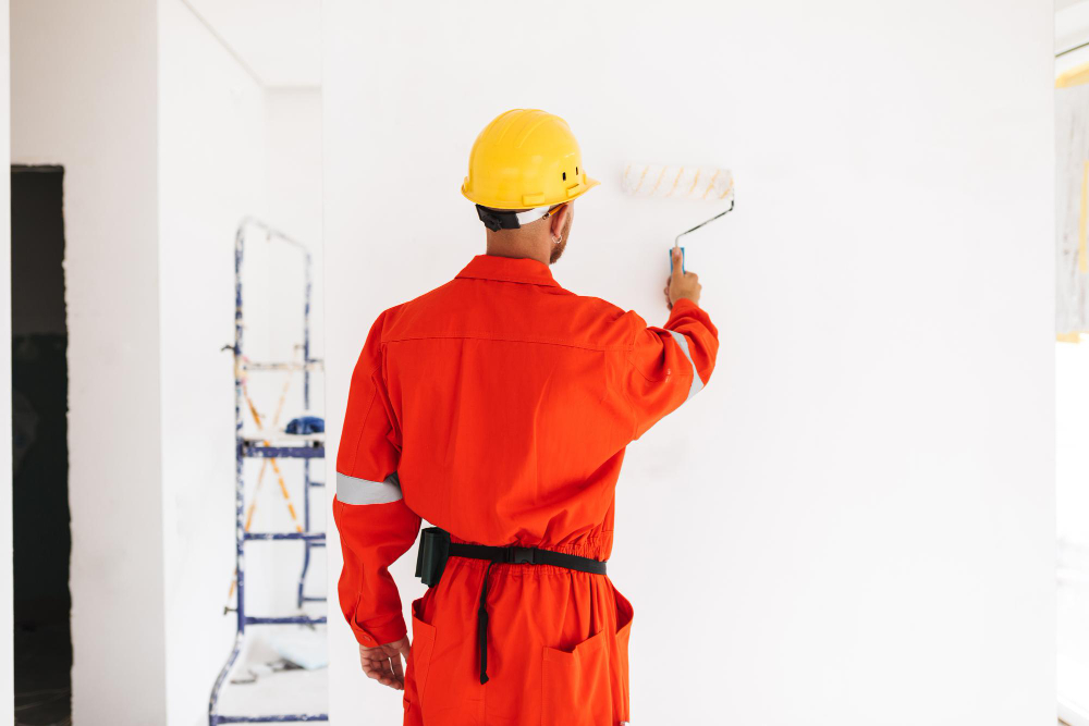 young foreman standing from back orange work clothes yellow hardhat using painting roller new apartment work